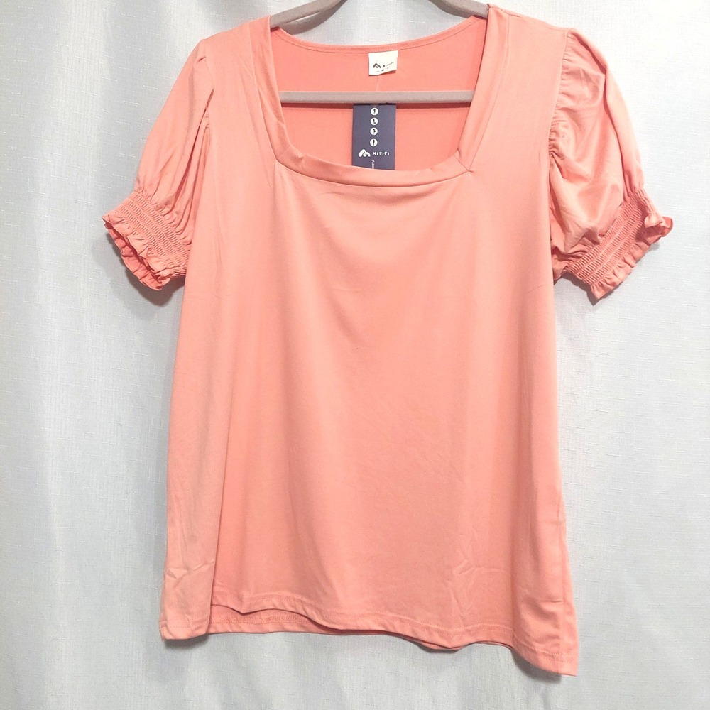 MISIFI Womens Medium Short Puff Sleeve Top Tee Peach Square Neck Stretch NWT